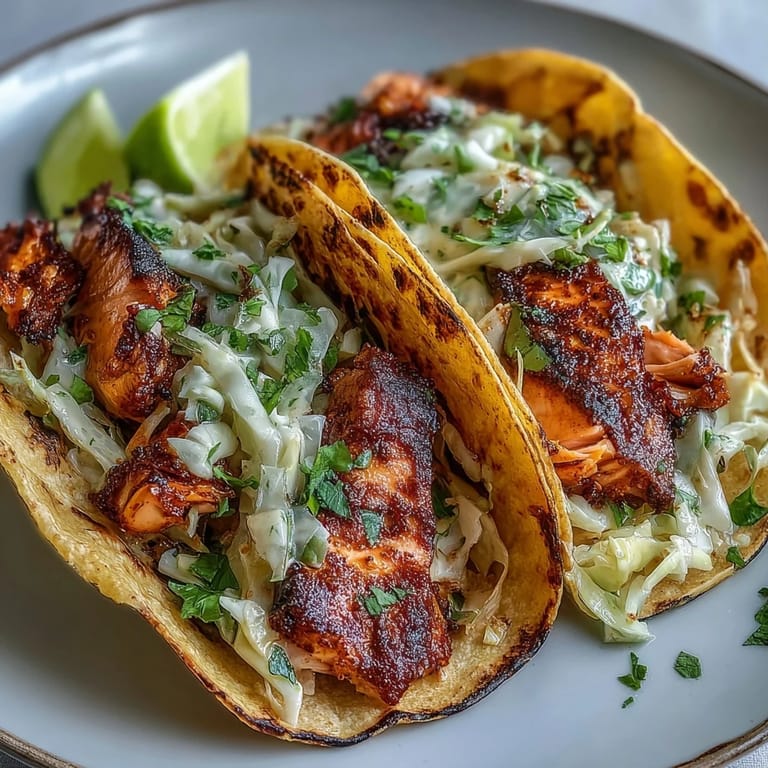Air fried salmon tacos with zesty slaw, combining smoky spices and bright lime flavors in every bite.