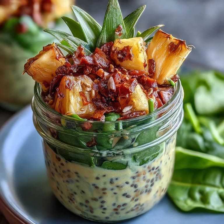 Tropical green smoothie jars layered with pineapple, spinach, and chia seeds, perfect for healthy meal prep and easy weight loss.