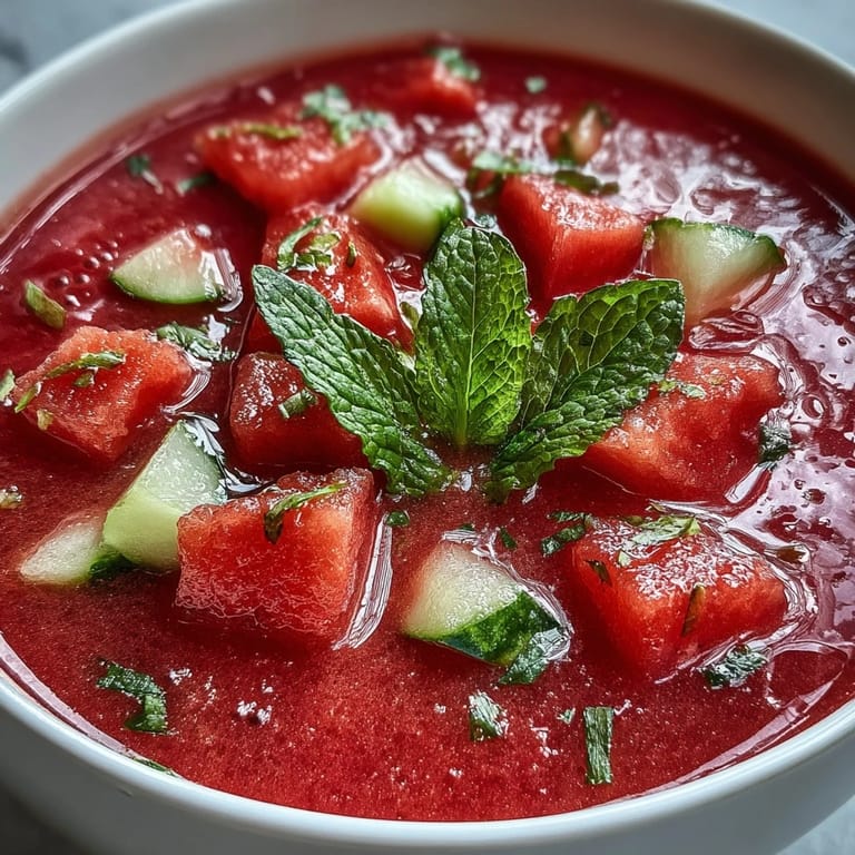 A refreshing summer gazpacho blending sweet watermelon, crisp cucumber, zesty lime, and cool mint for a vibrant, healthy soup.