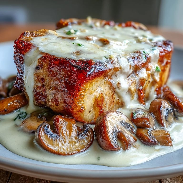 A close-up shot of the finished keto pork chops and roasted radishes, beautifully plated with creamy sauce and parsley garnish.