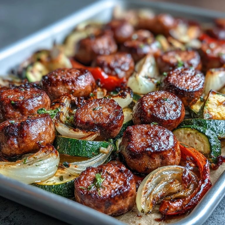 Juicy Italian sausages and caramelized vegetables roasted together on a sheet pan for an easy, flavorful family meal.  