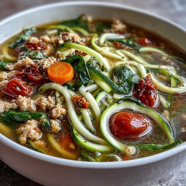 Light and nourishing, this turkey and veggie zucchini noodle soup is packed with fresh vegetables and fragrant herbs.  