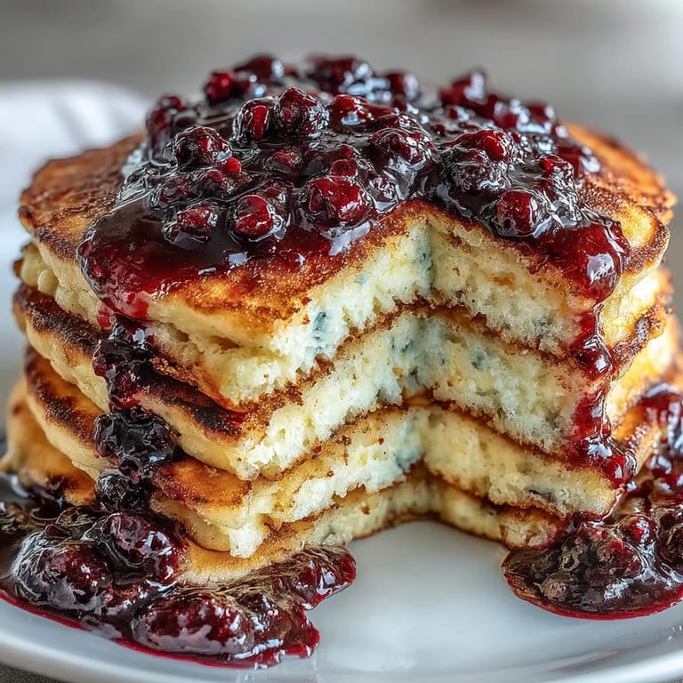 Golden-brown high-protein pancakes served with a warm blueberry compote, garnished with fresh berries and nuts for a wholesome breakfast.