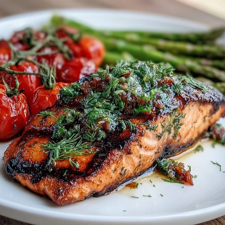 A vibrant dish of lemon herb-marinated salmon, grilled alongside tender asparagus and blistered cherry tomatoes for a colorful, nutritious meal. Easy and delicious.