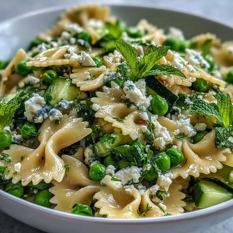 Colorful spring pea and mint pasta salad with crumbled feta, tossed in a bright lemon Dijon dressing.