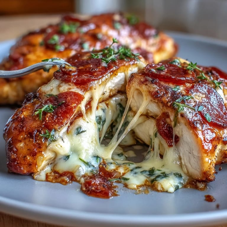 Juicy chicken breasts filled with classic pizza toppings—gooey cheese, tangy marinara, and savory pepperoni—for a low-carb dinner.  