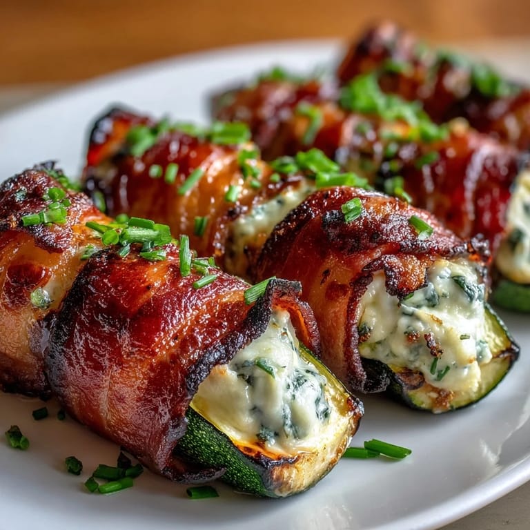 Cheesy stuffed zucchini halves wrapped in crispy bacon, baked to golden perfection for a keto-friendly dinner.