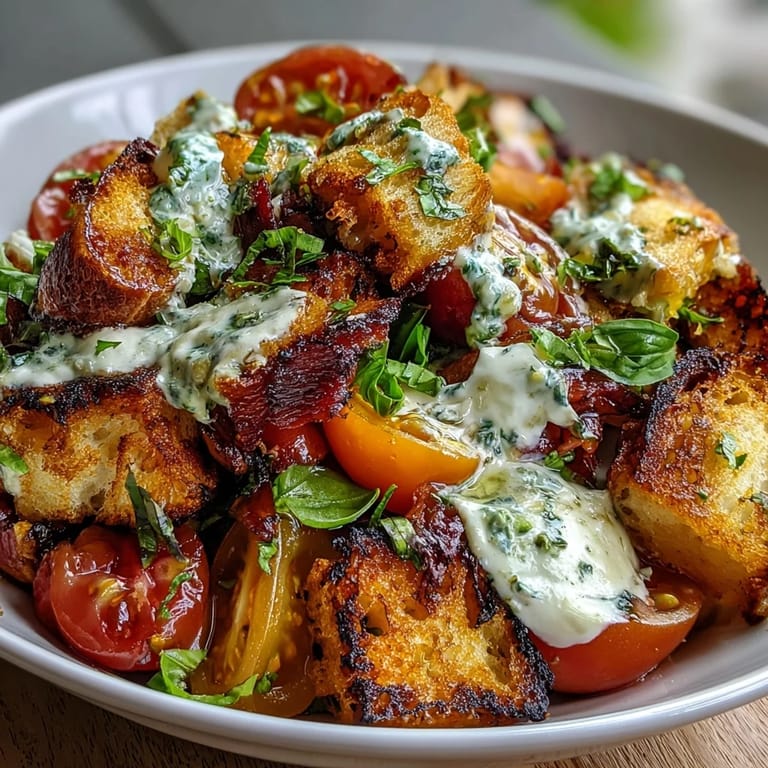 Vibrant Sourdough Panzanella Salad showcasing colorful heirloom tomatoes, crunchy sourdough pieces, and a bright basil dressing for a fresh vegetarian meal.