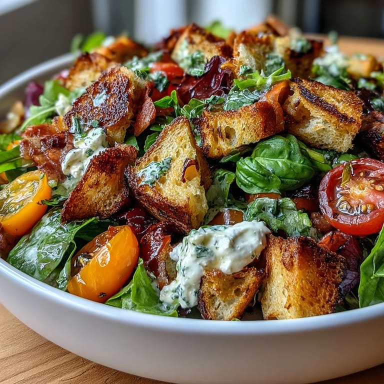 A rustic Italian salad featuring golden sourdough croutons, juicy heirloom tomatoes, and fragrant basil vinaigrette, perfect for warm-weather dining.  