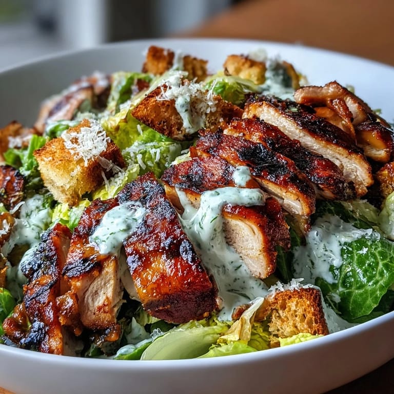 Protein-packed grilled chicken Caesar salad with creamy Greek yogurt dressing, crisp lettuce, and homemade sourdough croutons for added texture.