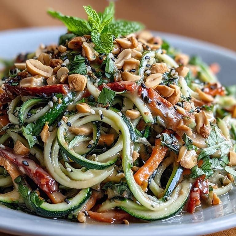 Colorful spiralized zucchini and crisp vegetable ribbons tossed in tangy Thai peanut dressing, topped with roasted peanuts.  