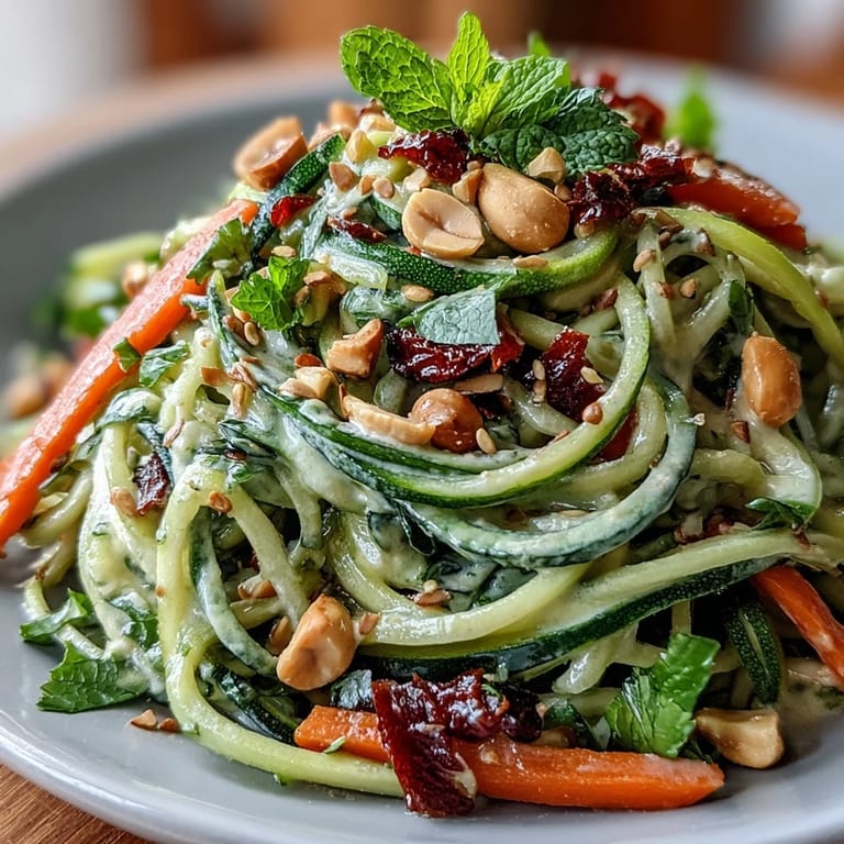 Refreshing Thai-inspired zucchini noodle salad with crunchy veggie ribbons, creamy peanut dressing, and sesame seed garnish.