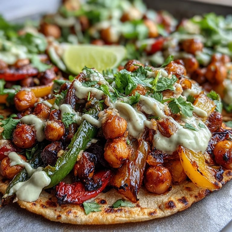 Colorful roasted peppers, zucchini, and chickpeas tossed with smoky fajita spices, topped with zesty guac yogurt sauce.  