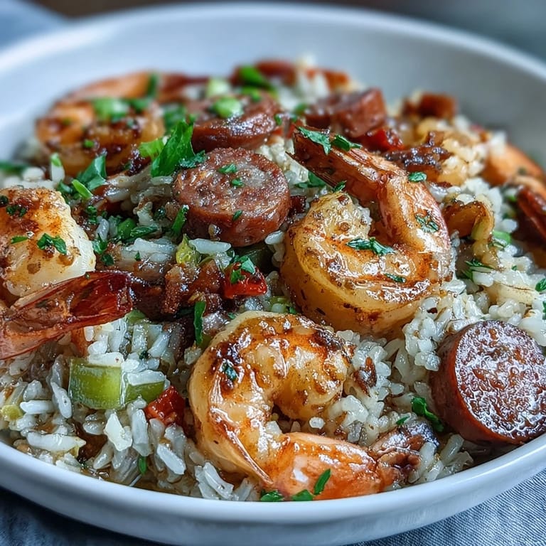 Homemade Cajun dirty rice with andouille sausage, plump shrimp, and the classic holy trinity vegetables.