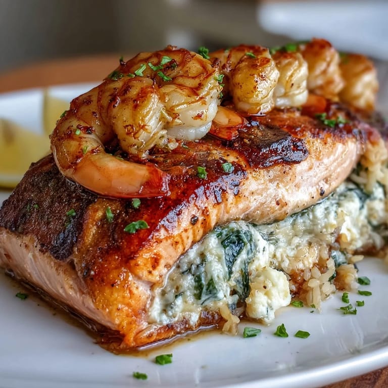 Succulent salmon fillets baked with lump crab, spinach, and Boursin cheese stuffing.  
