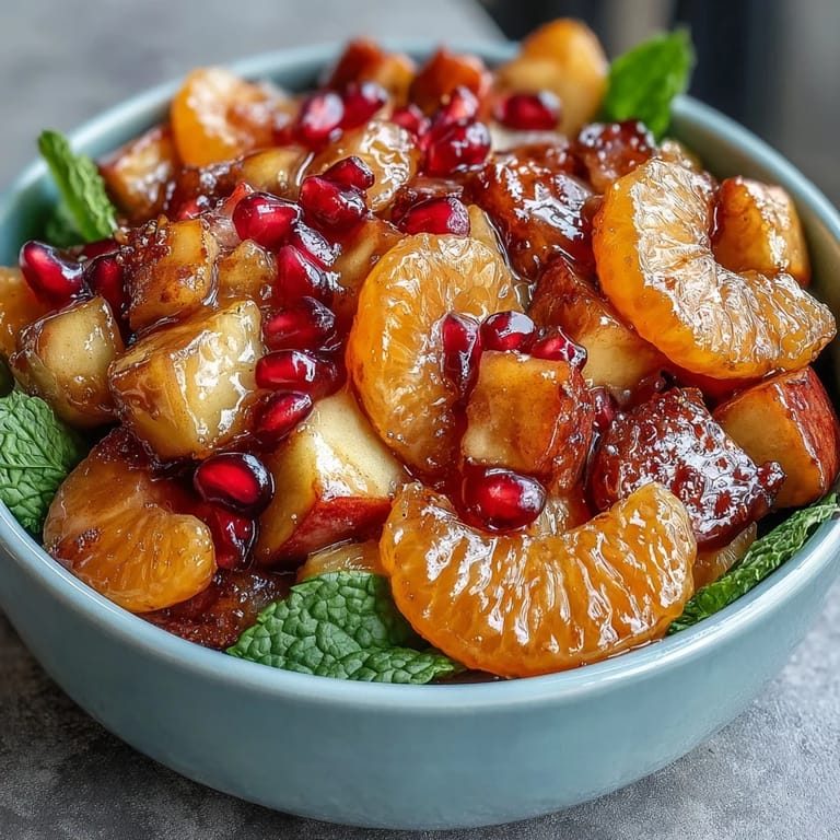 Festive bowl of apples, mandarins, and pomegranate seeds tossed in warm cinnamon vanilla syrup for holiday gatherings.  