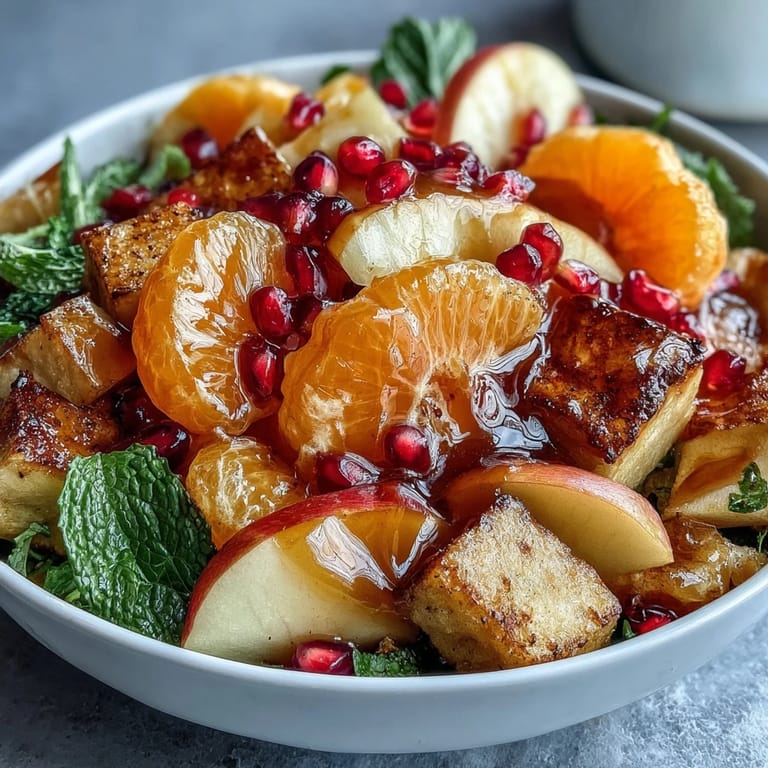 Colorful winter fruit medley with cinnamon-spiced vanilla dressing, perfect for vegan and gluten-free holiday appetizers.