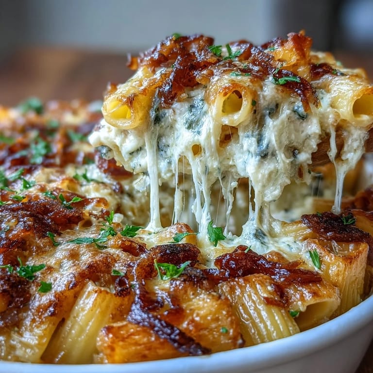 Creamy pasta bake infused with sweet caramelized onions, thyme, and Gruyère cheese, baked until golden and irresistible.
