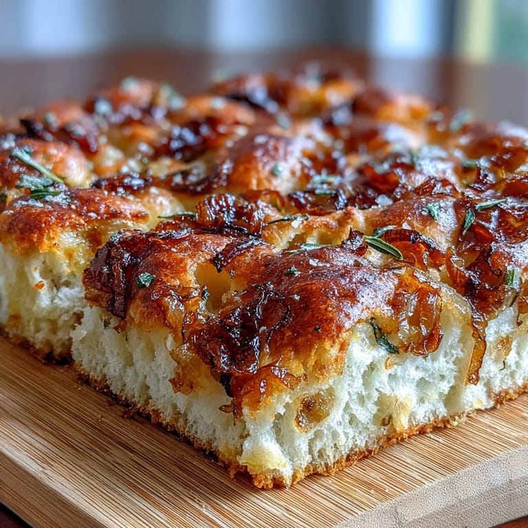 Chewy sourdough onion focaccia bread baked to golden perfection, with aromatic rosemary and savory olive oil.
