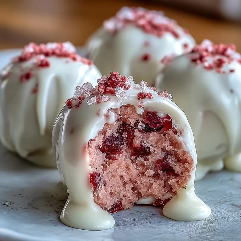 2. Hand-rolled strawberry truffles dipped in smooth white chocolate and garnished with crushed freeze-dried berries for a festive touch.  