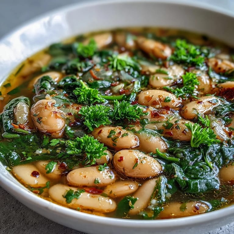 Creamy cannellini beans, tender spinach, and aromatic herbs simmer in savory broth for a comforting vegan meal.  