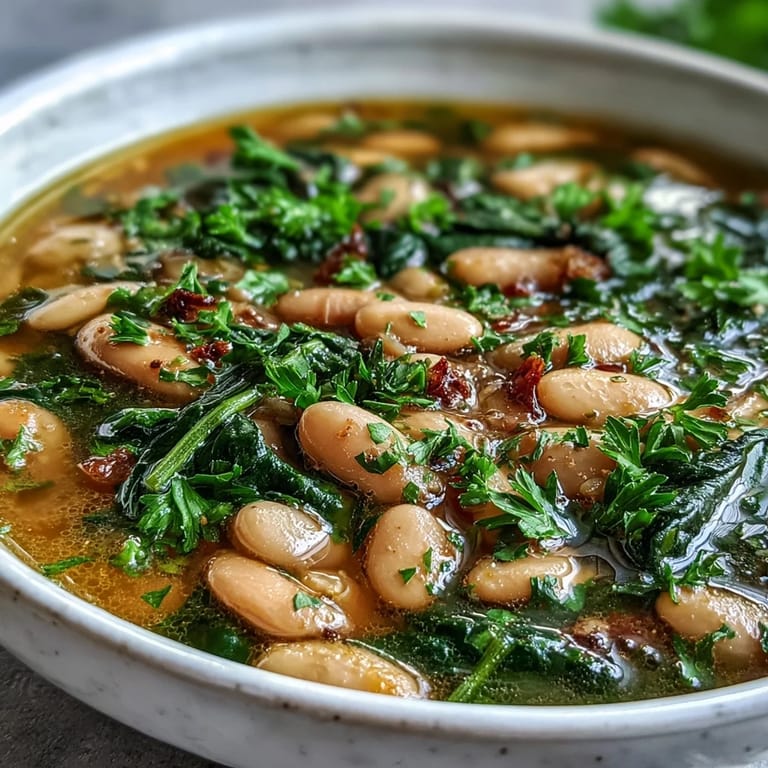 Aromatic Tuscan white bean and spinach soup served with crusty bread, perfect for cozy evenings and chilly weather.