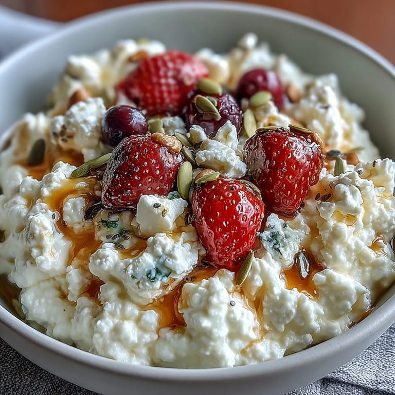 Protein-packed cottage cheese topped with vibrant mixed berries and a sprinkle of chia and pumpkin seeds for texture.  
