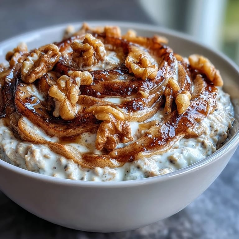 A jar of hearty overnight oats layered with caramelized cinnamon apples and nutty walnuts, perfect for busy mornings.