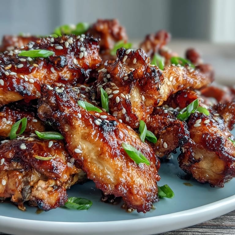 Sticky honey garlic glazed chicken wings with a savory Asian twist, cooked to golden perfection in the air fryer for a crowd-pleasing appetizer.  