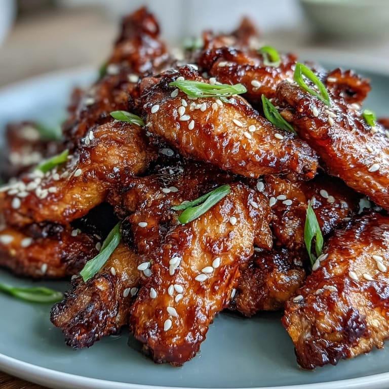 Golden brown air fryer chicken wings coated in a rich honey garlic glaze with ginger and sriracha, topped with fresh green onions and sesame seeds.