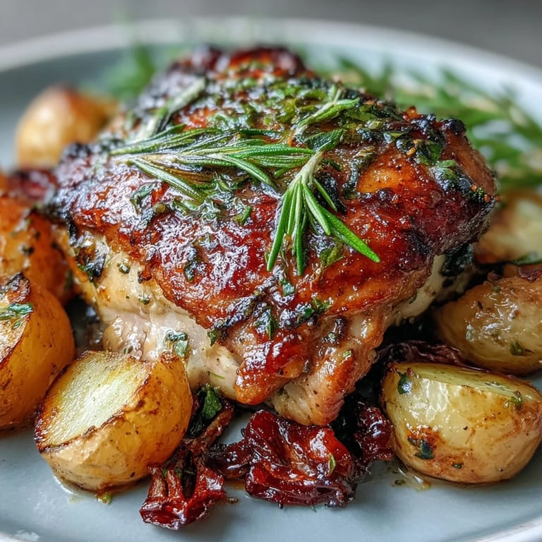 Juicy herb-roasted chicken thighs nestled among tender baby potatoes and sweet carrots on a rustic baking sheet.