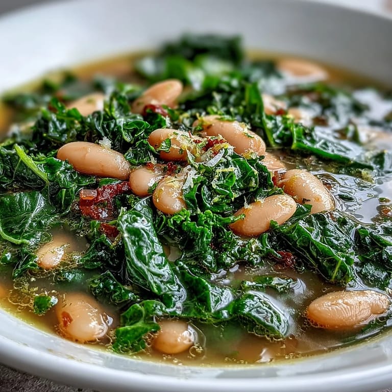 Cozy and nourishing kale and white bean soup with lemon and garlic, served hot with fresh parsley and crusty bread on the side.