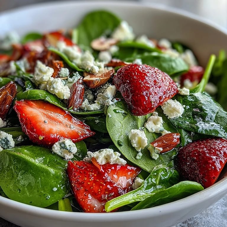 A colorful spring salad with baby spinach, sweet strawberries, creamy feta, and crunchy almonds, all tossed in a homemade poppy seed dressing for a refreshing meal.  