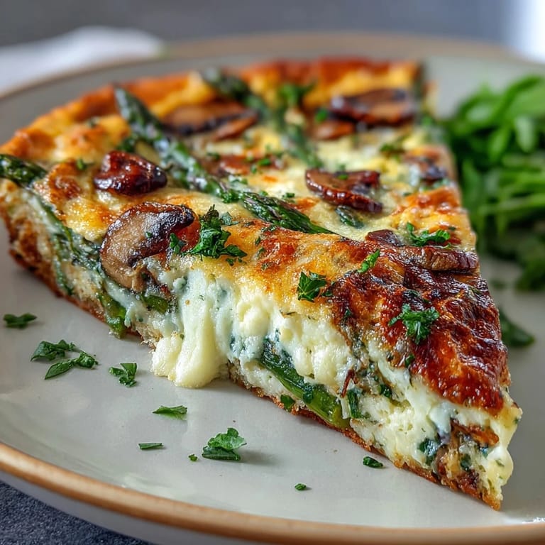 Spring-inspired frittata featuring tender asparagus and sautéed mushrooms over a crisp sourdough base, ideal for weekend brunch or light dinner.