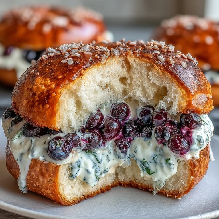Golden-baked blueberry protein bagels with a swirl of tangy Greek yogurt frosting, offering a nutritious morning treat.  