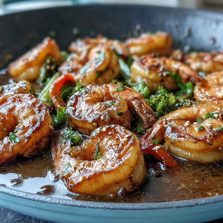 Juicy shrimp and vibrant veggies tossed in a glossy soy-ginger sauce, served hot from the wok for a flavorful meal.