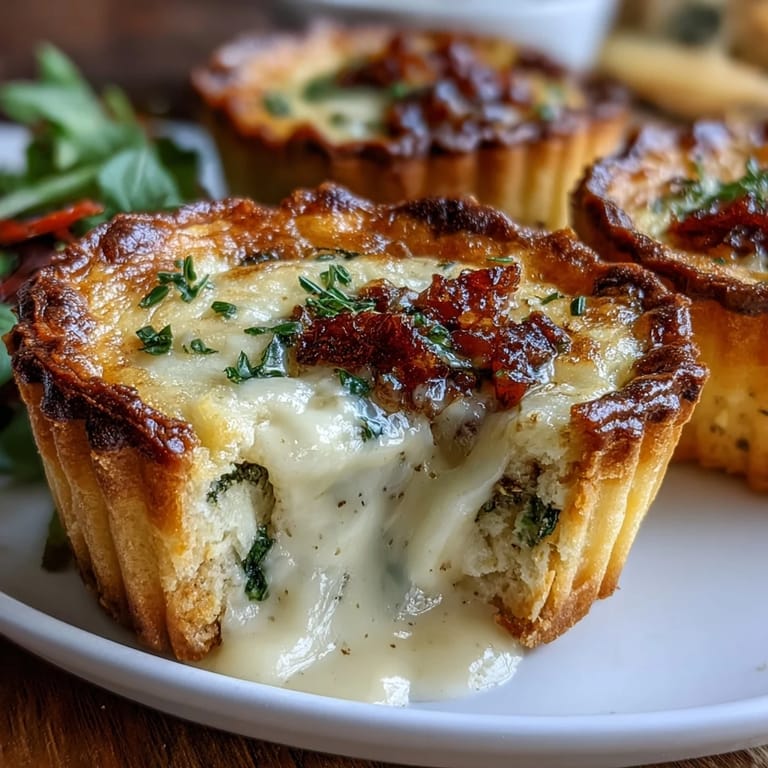 Bite-sized quiches baked to perfection, featuring a blend of Gruyère and Parmesan cheese with colorful vegetables.  
