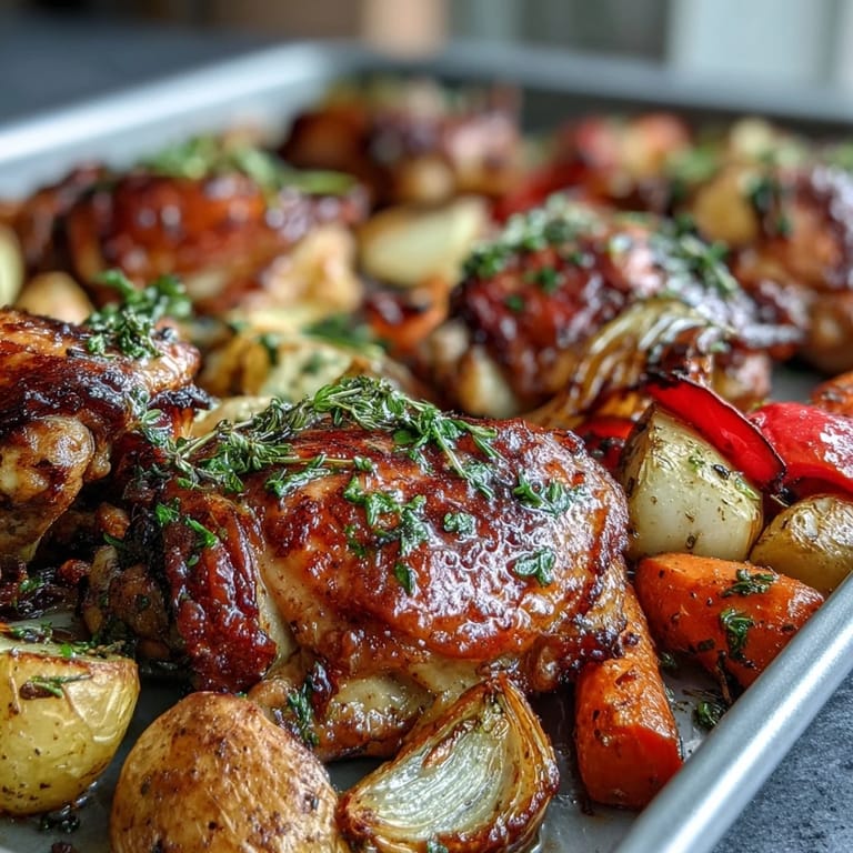 Juicy, herb-seasoned chicken thighs roast alongside tender vegetables for an easy, flavorful one-pan dinner.  