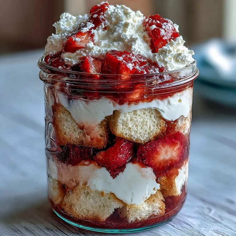 Individual strawberry shortcake trifles in mason jars, layered with sweet strawberries, homemade shortcake, and airy whipped cream topping.