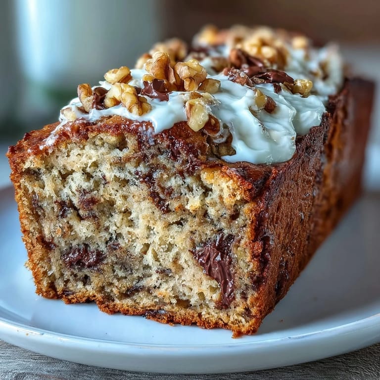 Slices of protein-packed banana bread with Greek yogurt, studded with walnuts and chocolate chips, served on a rustic wooden board.