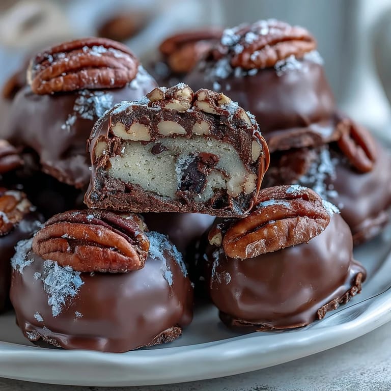 Handmade Kentucky bourbon confections with toasted pecans, enrobed in glossy chocolate for a classic treat.