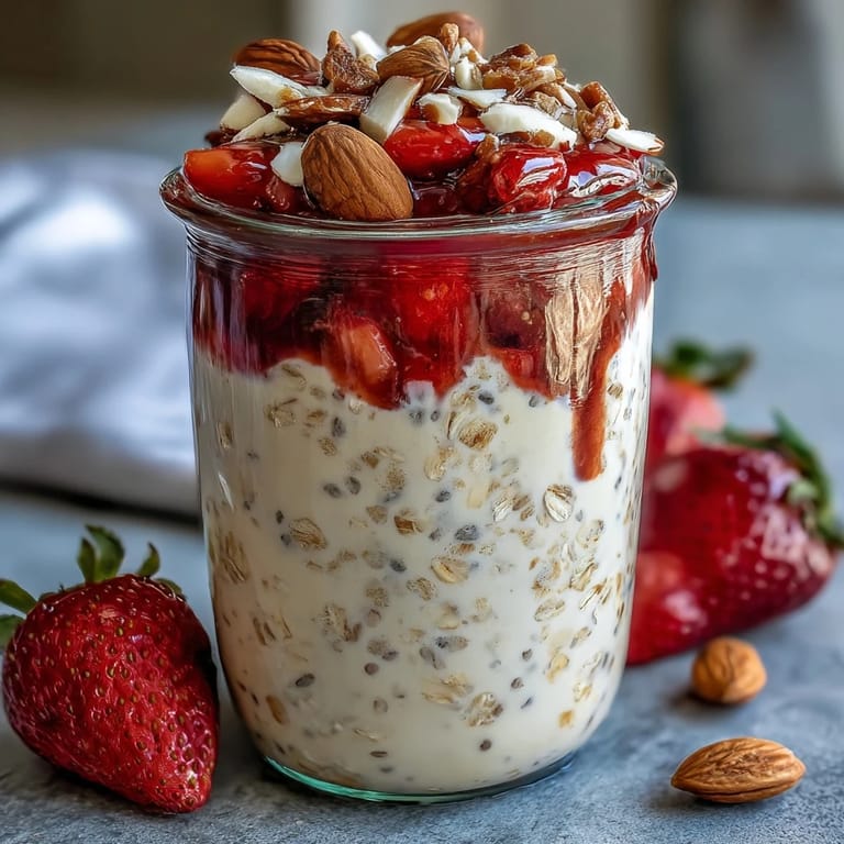 Layered strawberry protein overnight oats in a mason jar, featuring chia seeds, vanilla protein powder, and fresh diced strawberries.