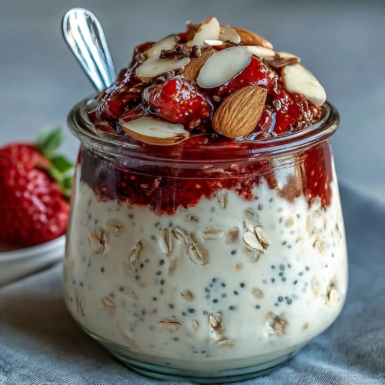 Nutritious strawberry protein overnight oats, made with rolled oats, almond milk, and Greek yogurt, perfect for a quick, healthy breakfast.