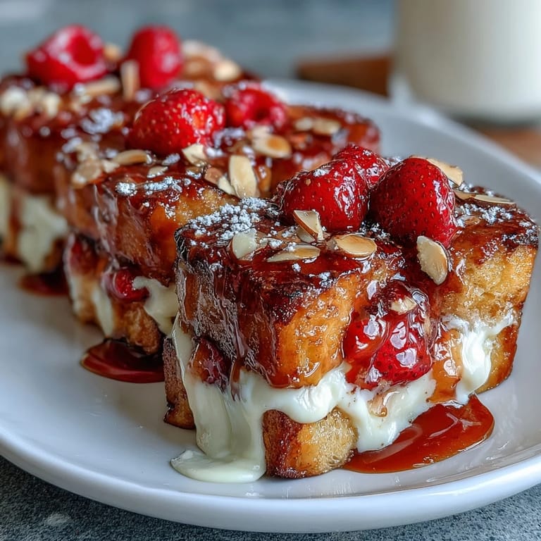 Make-ahead strawberry French toast bake, layered with brioche and creamy vanilla custard, perfect for a festive Mother's Day brunch.