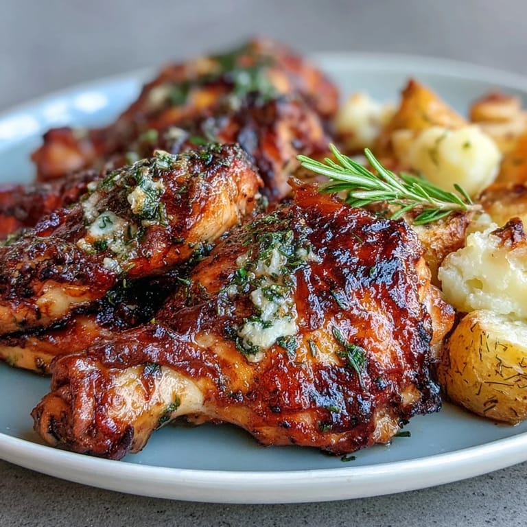 A whole roasted chicken with crispy skin, nestled among tender potatoes and onions, bursting with lemon and herb flavors.