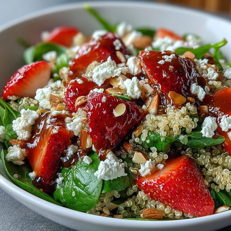 Fresh strawberries, baby spinach, and quinoa tossed with feta and a sweet balsamic glaze for a vibrant vegetarian meal.