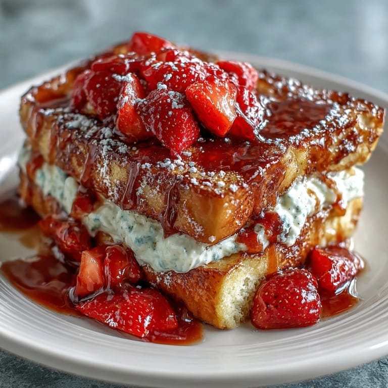 Baked French toast casserole filled with juicy strawberries and vanilla custard, topped with buttery crumble for a comforting breakfast centerpiece.  