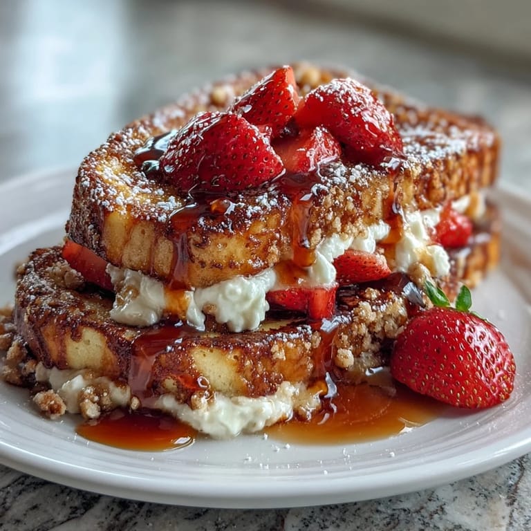 Golden-baked Strawberry French Toast with ripe berries, cinnamon crumble, and a dusting of sugar, perfect for sharing at a spring brunch gathering.
