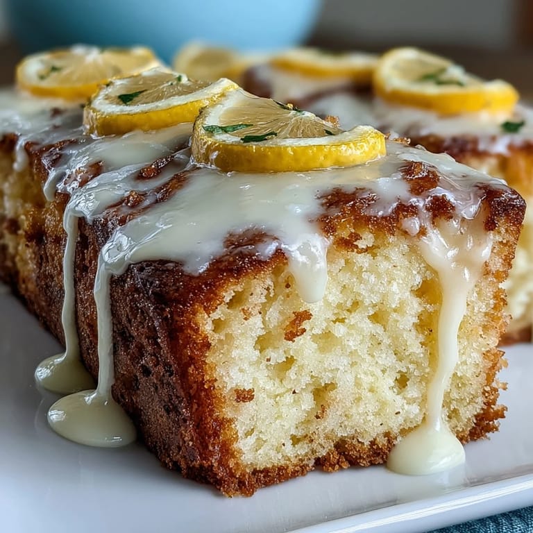 Slices of zesty lemon drizzle loaf cake with a glossy glaze, perfect for afternoon tea or a light dessert.