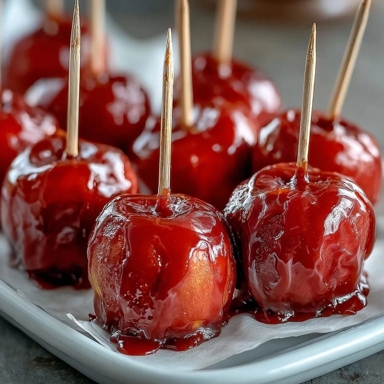 Irresistible mini apple bites dipped in vibrant candy coating, ready to serve on party skewers for a festive treat.